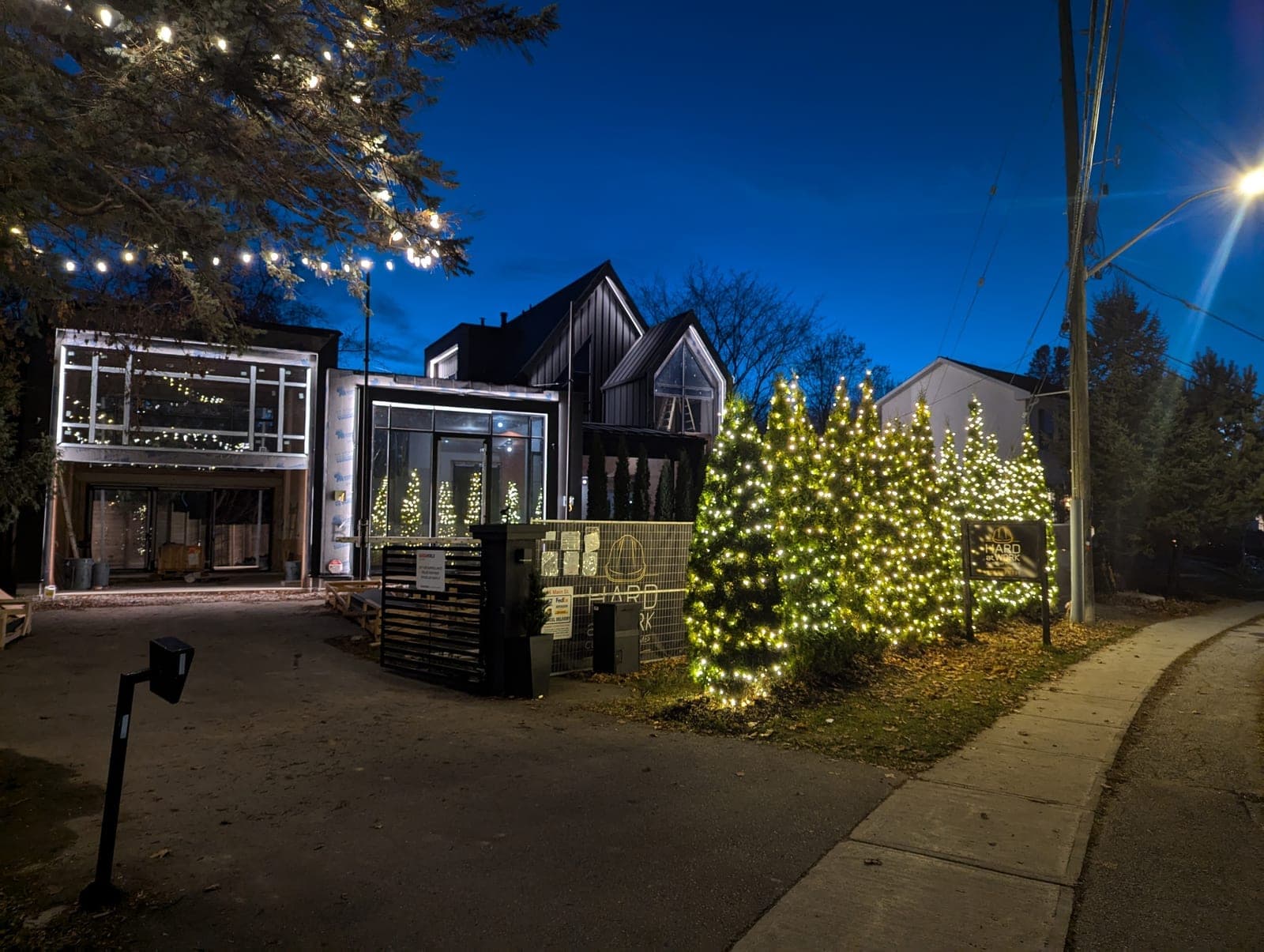 Business exterior with overhead bistro string lights and lit evergreens at blue hour