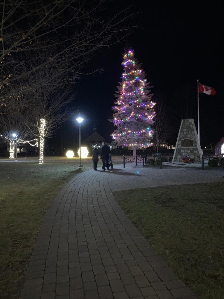 Large outdoor Christmas tree glowing with multicolour lights beside a lit stone memorial and Canadian flag in a town square at night.